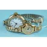 A ladies 9ct-gold-cased wrist watch with seed-pearl-set bezel, on plated bracelet and a small 18ct-