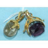 A modern 9ct gold swivel fob and a yellow-metal-mounted pendant set quartz drop, (2).