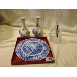 Sale Item:    CRYSTAL DECANTER SPODE CAKE PLATE & 2 VASES  Vat Status:   No Vat   Buyers Premium: