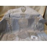 Sale Item:    DECANTER & 2 GLASS CANDLESTICKS   Vat Status:   No Vat   Buyers Premium:  This lot is