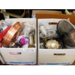 Two cartons of mixed metalware etc