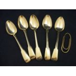 Five silver tea spoons together with a silver paperclip
