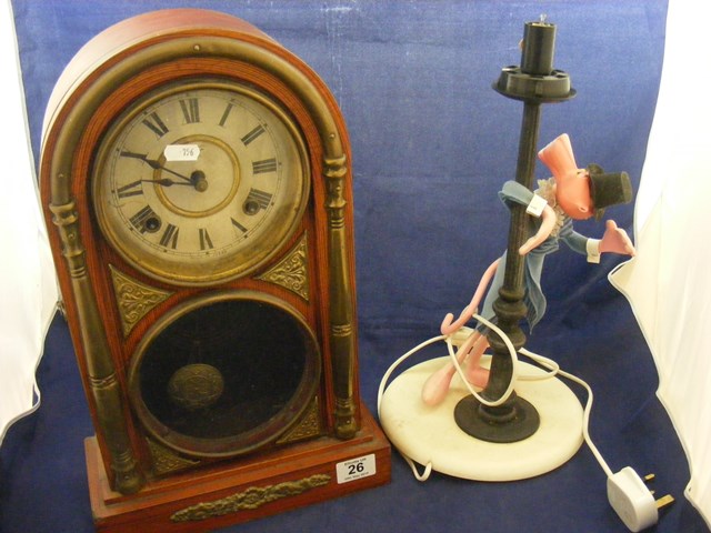 A Japanese mantle clock together with a Pink Panther lamp