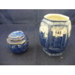 A blue and white mailing ware advertising vase together with a similar lidded pot