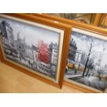 Two framed oil on canvas depicting city scenes signed