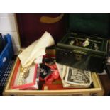 A quantity of vintage jewellery in boxes together with postcards and curios