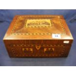 A wooden inlaid ware sewing box with Edinburgh castle on the lid
