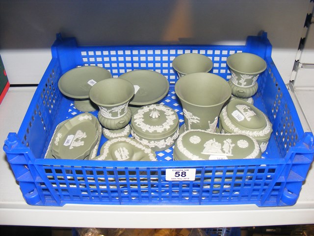 A carton containing a quantity of Green Jasper ware Wedgwood