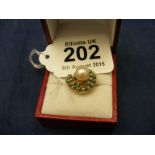 A pearl and coral 9ct gold ring size J