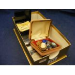A small carton containing a quantity of post 1947 crowns together with some costume jewellery,