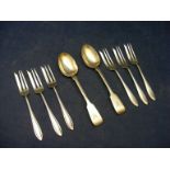 Six silver fish forks together with two silver teaspoons