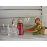 A collection of glassware to include cranberry sugar sifter, wine coolers, perfume bottle etc.