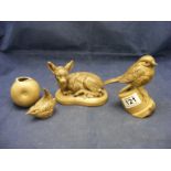A Poole Pottery fawn together with a Robin on an upturned flower pot and one other A/F
