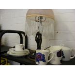 An art deco style bronzed lamp with glass shade together with a Wedgwood Susie cooper design part