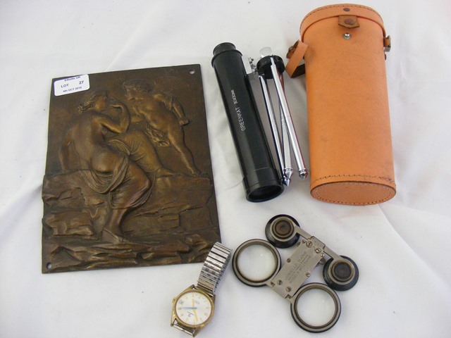 A bronze plaque, watch and other items