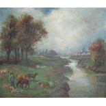 Suiveur François Auguste d'Ortmans (1826-1884, peintre de l'Ecole de Barbizon), Paysage animé au