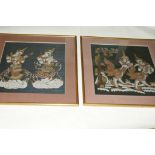 INDE Paire de peintures sur tissus, figurant des chimères. Taille des cadres : 64 x 56 cm