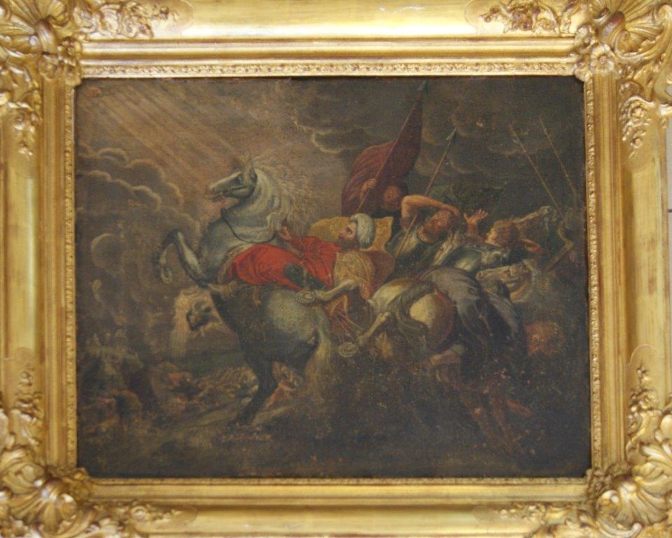 Ecole du XVIIIe siècle, La Conversion de Saint Paul. Huile sur toile. 50 x 59 cm (manques de - Image 5 of 5