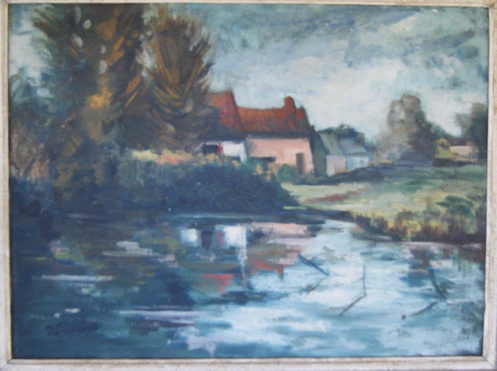 Attribué à Emile BERNARD (1868-1941)
Maison au bord de la rivière 
Huile sur toile, non signée.
55 x