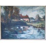 Attribué à Emile BERNARD (1868-1941)
Maison au bord de la rivière 
Huile sur toile, non signée.
55 x