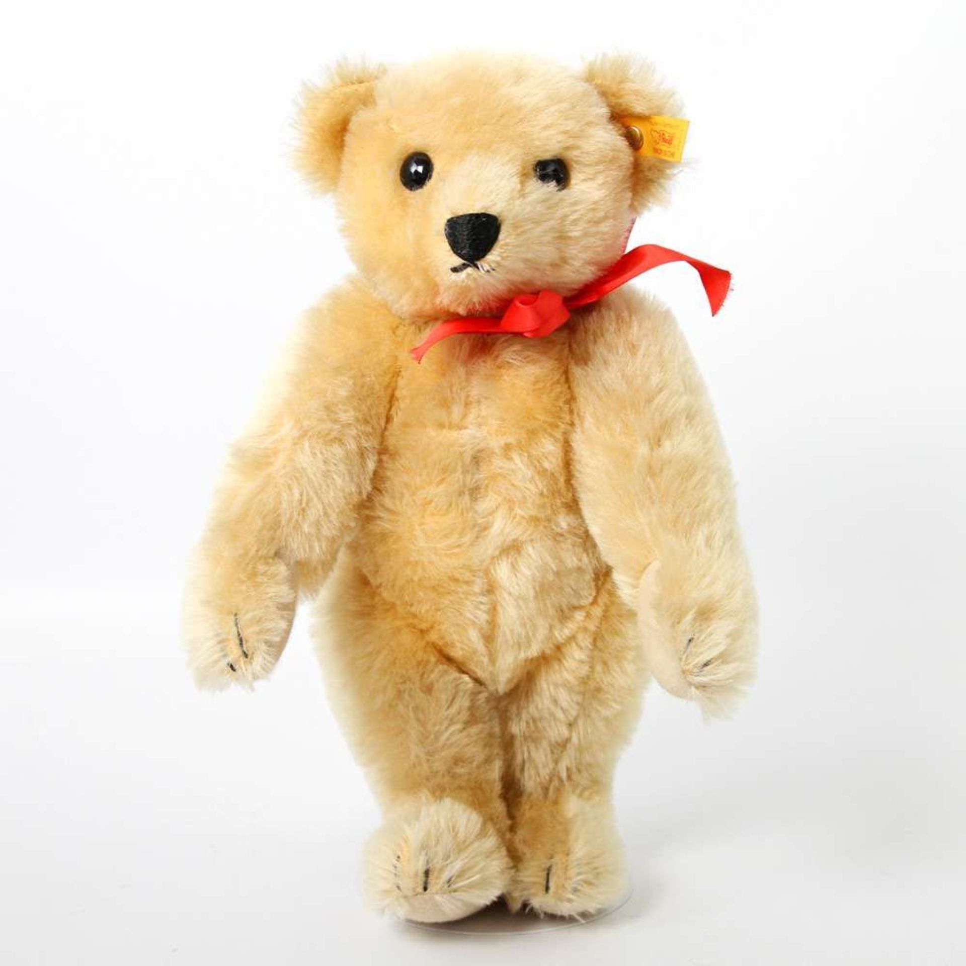 STEIFF Teddybär, Classic 1909, Knopf im Ohr und Fahne. Blonder Mohair, gegliedert, mit