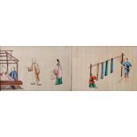 2 Malereien. CHINA, um 1930 Darstellung 'Garnwickeln' und Darstellung 'Webstuhl', jeweils Gouache
