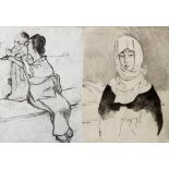ORLIK, EMIL (1870-1932) 2 kleine figürliche Druckgraphiken: Japanerin mit Kind, 23x19/Nomaden-