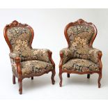 2 Fauteuils im Louis-Philippe-Stil, Buche dunkel gebeizt. Mit gepolsterter Rücken-, Sitzfläche und