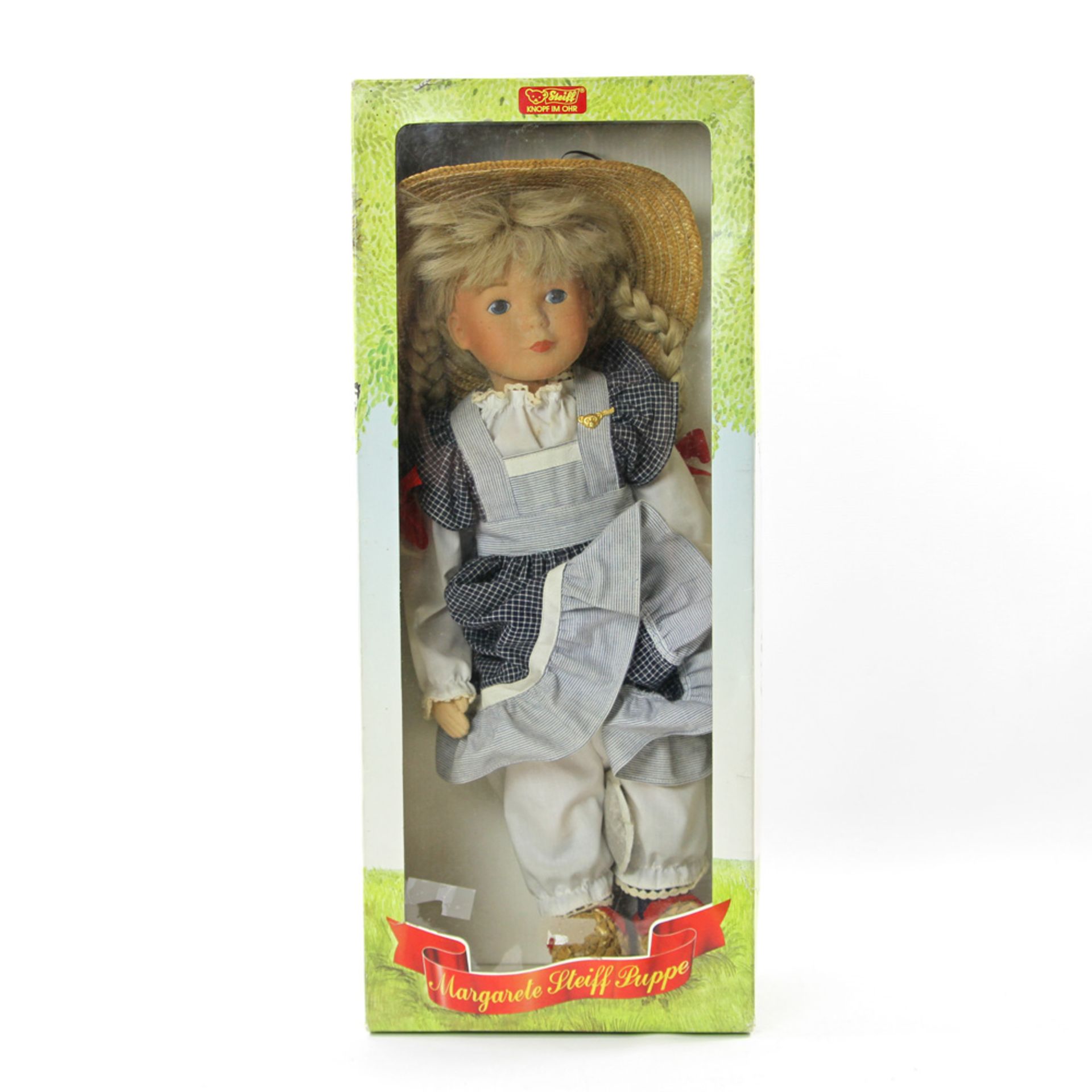 STEIFF Puppe "Babette", 1980er Jahre, mit Brosche und Knopf im Ohr, Im Originalkarton, besch., ca.