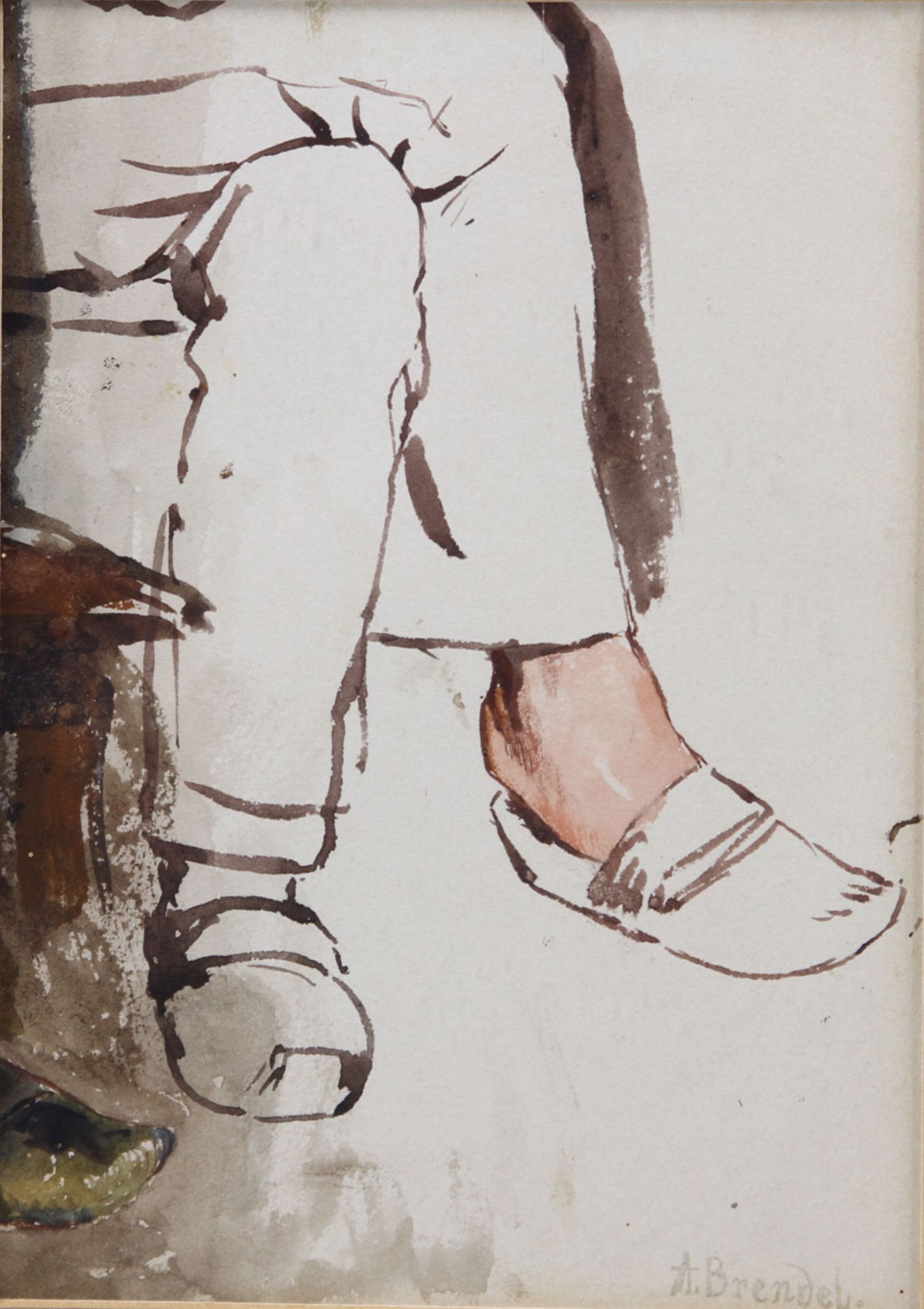 BRENDEL, ALBERT HEINRICH (1827-1895): Studie eines Beinpaars in Holzschuhen. Aquarell/Papier (