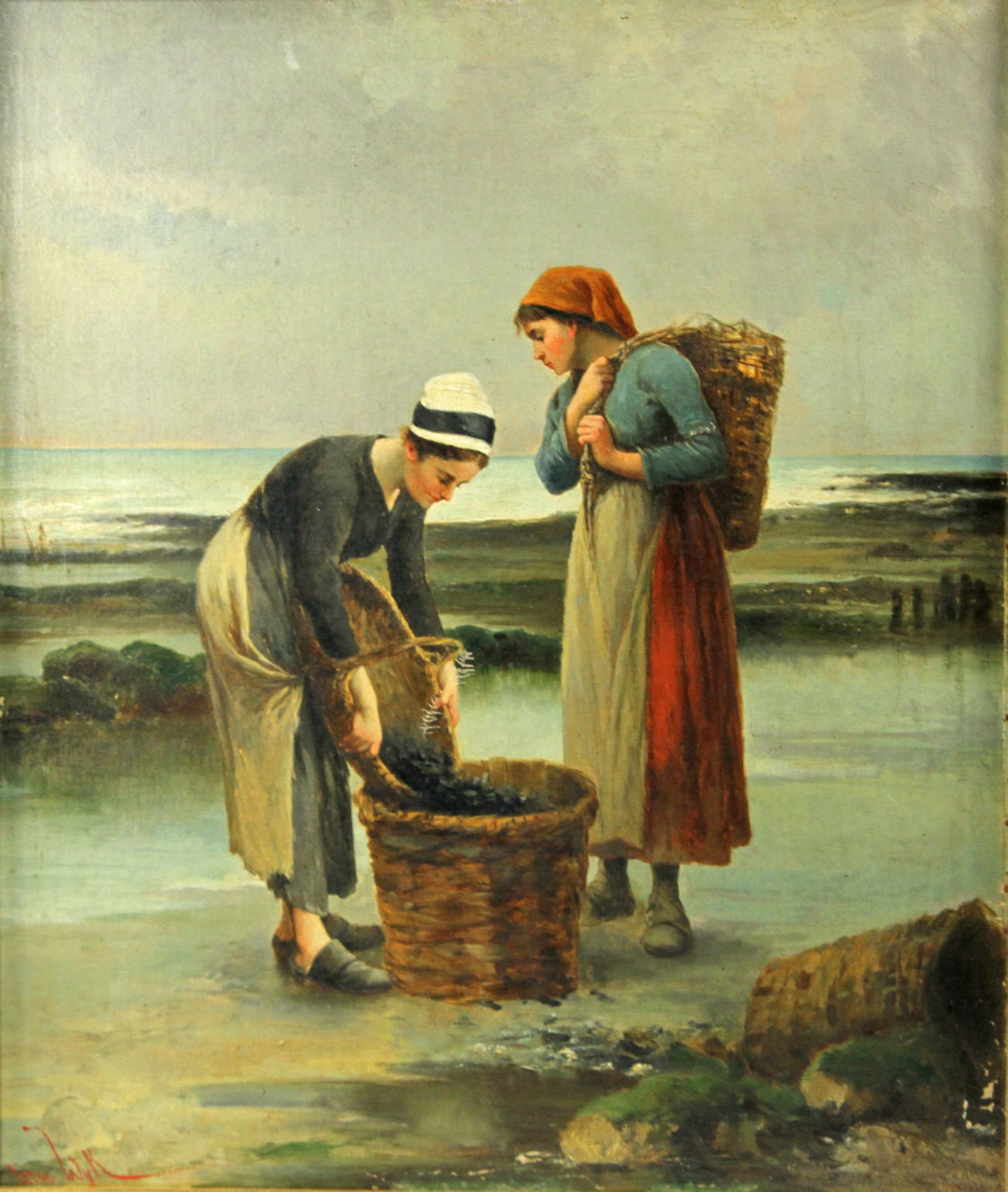 VAN WYK, HENRI (1833 - ?): Muschelsucherinnen am Strand. Öl/Lwd. (rep. Farbapl., Alterssch.), u.