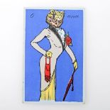 Postkarte - Skurilles Motiv einer 'Grande Dame' mit Eulenkopf, schön koloriert, ungelaufen,