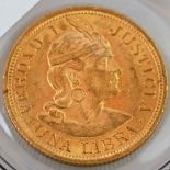 Peru - 1 Libra (Pfund) 1918, Inkakopf, GOLD, Münzstätte Lima, 7,98 Gramm rau, 917/1000 Gold. vz.