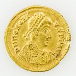 Antike, Rom: Honorius (393-423), GOLD Solidus, Mailand, 395-402, VICTORIA A AUGGG/M-D/COMOB,