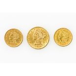 USA/GOLD - Konvolut: 1 x 5 Dollars 1899 Liberty Head, o. Mzz., dazu 2 x 2 1/2 Dollars 1878 und 1904.