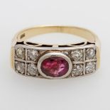 Damenring mit einem Rubin und Altschliffdiamanten zus. ca. 0,3ct. GG 14K, wohl 1940er Jahre,