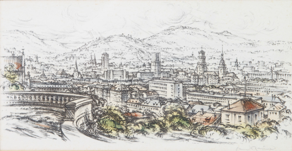 RAUM, KONRAD (1917-2008): 1 Bl. Lithographie der Stadt Stuttgart, 20. Jh., Darstellungen der