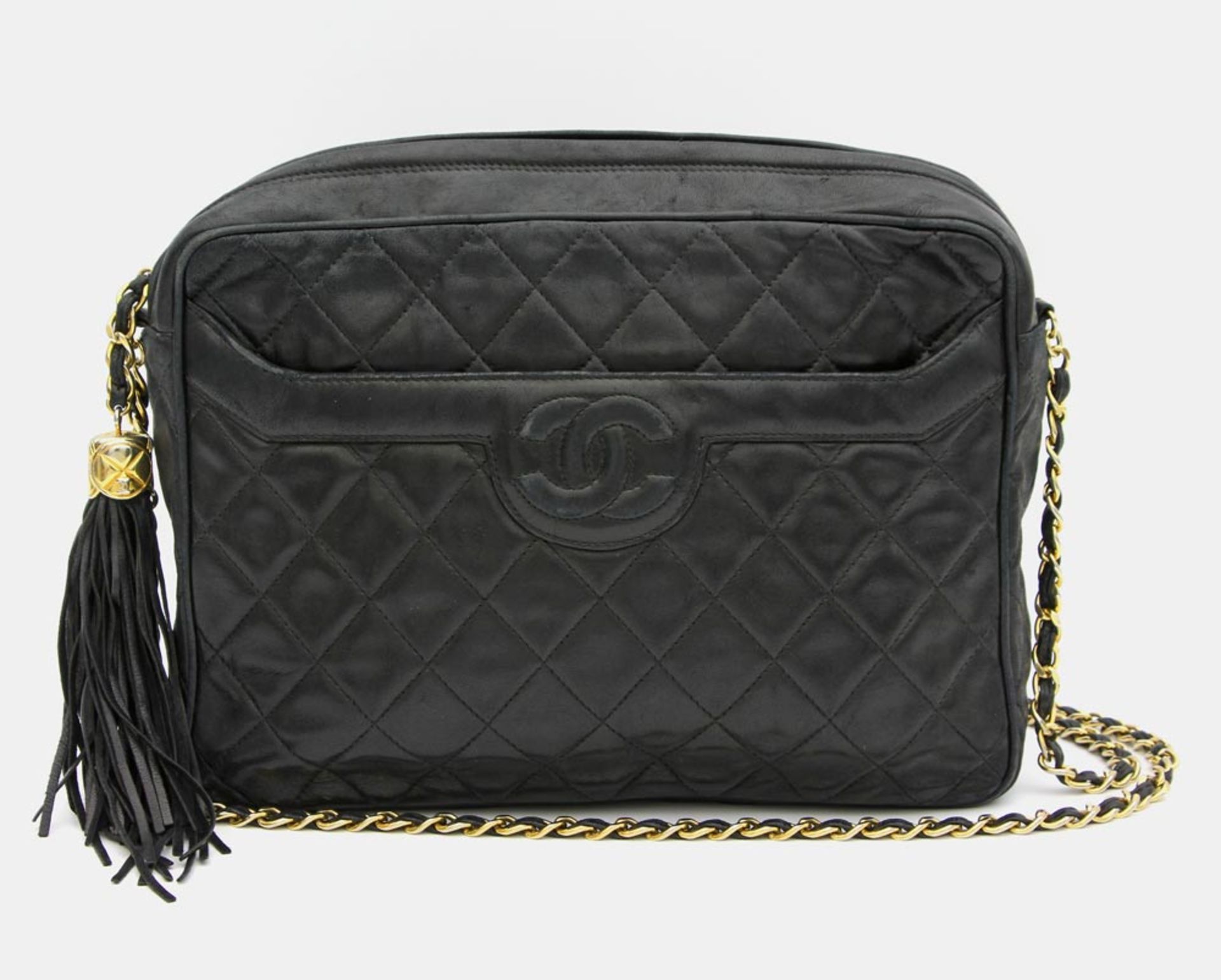 CHANEL VINTAGE 1990 schicke Umhängetasche. RARITÄT!! Schwarzes Nappaleder in Rauten gesteppt,