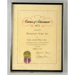 Elton John Citation of Achievement 1972 presented by Broadcast Music Inc to Dick James Music Inc