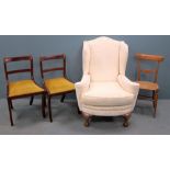 Walnut framed wing back shaped front armchair, set of six reproduction bar back dining chairs and