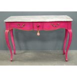 Painted serpentine fronted side table with two drawers 76cm x 112cm x 40cm. No damage found.