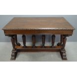 19th century French walnut side table on twin end carved supports to scrolled feet