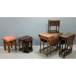 Two oak gateleg tables, oak work box, oak nest of three tables and a stool