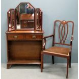 Mahogany bookcase, mahogany and inlaid armchair and a triptych mirror