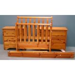 Two pine chests of three drawers and a pine sleigh style bed 76cm x 78cm x 44cm, 75cm x 100cm x