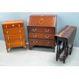 Oak gateleg table, chest of four drawers and a mahogany bureau