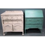 Painted bureau and a painted chest of two drawers over cupboard doors