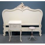 Large painted headboard, a similar style bedside table and a painted wine table The headboard at the