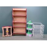 Painted bookcase, a similar painted wall hanging cupboard, metal storage baskets and a painted stand