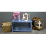 Two tiered side table, linen basket, painted cane topped stool, white painted bedroom mirror,
